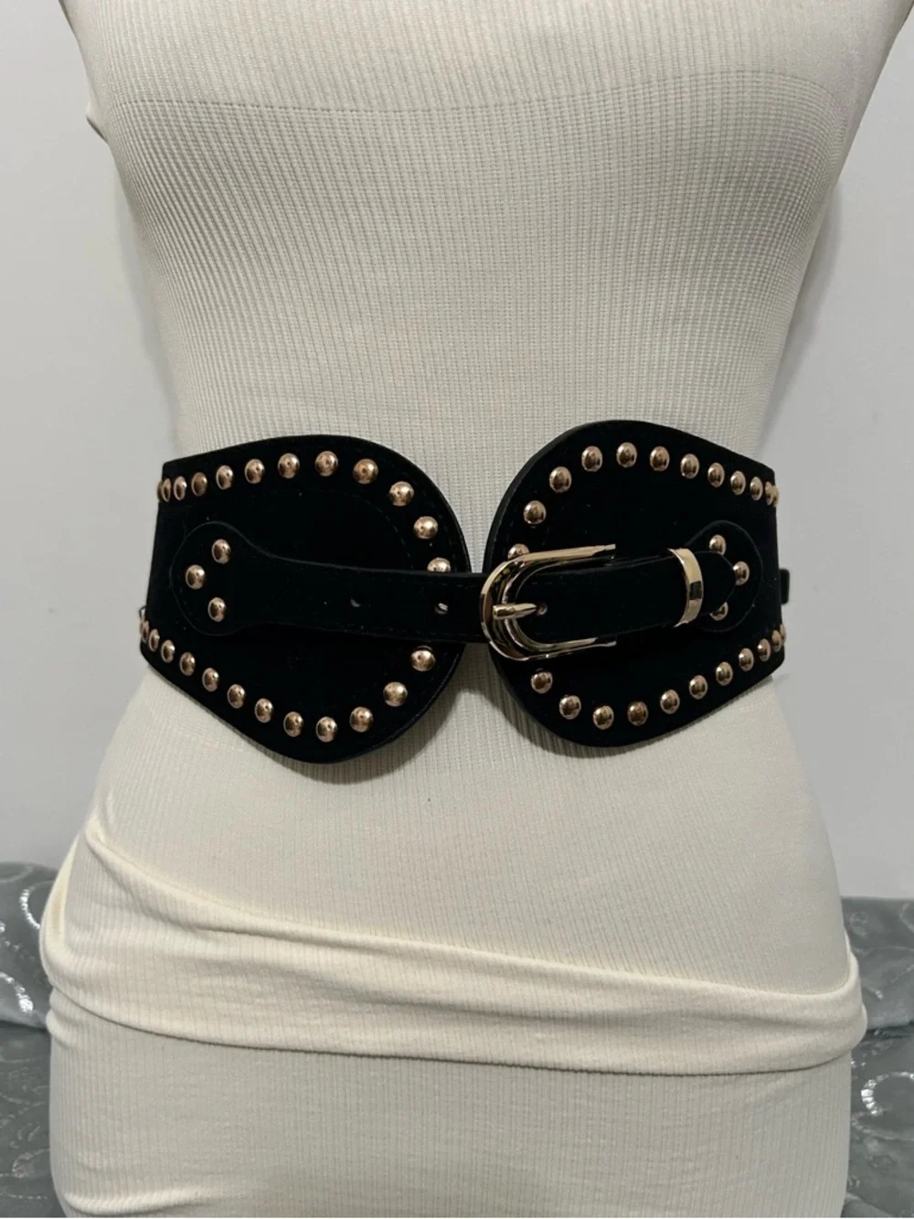 NWT Cato Black Elastic Studded Waist Belt with Gold Buckle 2X/3X